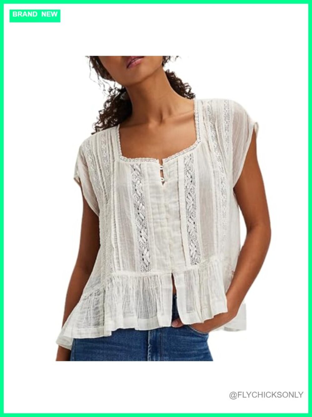 Semi Sheer Button Down Blouse Lace Ruffle Trim Cap Sleeve Crop Top